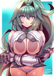 against_fourth_wall bare_shoulders bikini blue_background blush breast_press breasts closed_mouth commentary_request commission cowboy_shot crossed_arms elbow_gloves female gloves green_hair green_heart green_heart_(neptunia) groin hair_between_eyes hair_intakes highres large_breasts leaning_forward long_hair looking_at_viewer neptunia_(series) ponytail power_symbol purple_eyes restrained revealing_clothes sidelocks skeb_commission solo standing stationary_restraints stomach swimsuit symbol-shaped_pupils thigh_gap tsuki_wani tsukiwani tukiwani underboob vert very_long_hair white_bikini white_gloves