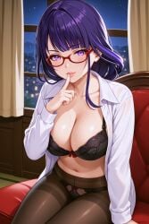 ai_generated bra breasts finger_to_lips finger_to_mouth genshin_impact glasses huge_breasts looking_at_viewer medium_breasts office_lady pantyhose raiden_shogun shiny_skin sitting sweat unbuttoned