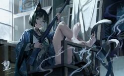 allied_hyakkiyako_academy_student bare_legs barefoot black_hair blue blue_archive bob_cut crossed_legs feet feet_up furry_ears gun hyakkaryouran_conflict_resolution_council_(blue_archive) kikyou_(blue_archive) legs_up looking_at_viewer looking_down neko_4cfantasy rifle sitting_on_chair teenager