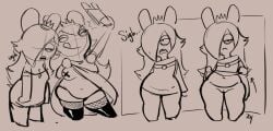 2girls anthro anthro_only boots bored_expression chubby chubby_female dress dress_lift female fishnet_legwear furry iseenudepeople line_art mario_(series) mario_+_rabbids mario_+_rabbids:_sparks_of_hope one_breast_out pussy rabbid rabbid_peach rabbid_rosalina raving_rabbids selfie smartphone taped_nipples tongue_out