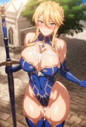 ai_generated artoria_pendragon artoria_pendragon_(lancer) cum elbow_gloves embarrassed leotard opera_gloves standing stockings sword theobrobine thighhighs