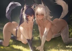 2girls all_fours animal_ears animal_tail areolae ass_up breasts character_request dark_skin female female_only huge_breasts light_skin multiple_girls nipples nude outdoors polki purple_hair red_eyes smile tail white_hair yellow_eyes