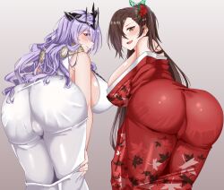 2girls absurdres alternate_costume ass ass_focus back bare_shoulders big_ass blush breasts brown_eyes brown_hair cameltoe camilla_(fire_emblem) camilla_(new_year)_(fire_emblem) come_hither crown dat_ass dress fire_emblem fire_emblem_fates from_behind hair_ornament hair_over_one_eye highres huge_ass huge_breasts japanese_clothes kagero_(fire_emblem) kimono large_ass large_breasts leaning leaning_forward long_hair looking_at_viewer looking_back loose_clothes multiple_girls nintendo official_alternate_costume open_mouth partially_visible_vulva ponytail purple_eyes purple_hair rynn_(darknescorez) scarf seductive simple_background smile swept_bangs very_long_hair wavy_hair white_background yellow_eyes yukata