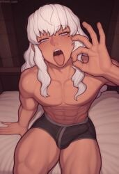 abs ai_generated ambush_(trap) berserk blush blushing_at_viewer bulge erect_penis erection erection_under_clothes fellatio_gesture femboy gay gesture girly gloopai griffith half-closed_eyes huge_cock lewd_gesture looking_at_viewer male male_focus male_only mouth muscular muscular_male nai_diffusion open_mouth penis penis_under_clothes sexually_suggestive solo solo_focus solo_male thick_thighs toned tongue tongue_out topless topless_male white_hair yaoi