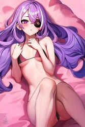 1girls bare_shoulders bikini black_bikini blush breasts chevreuse_(genshin_impact) genshin_impact long_hair lying multicolored_hair on_back pointy_chin purple_eyes purple_hair small_breasts solo_female straight_hair swimsuit unstableboiler white_hair