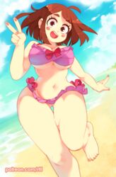 1girls :d ahoge ass_visible_through_thighs bare_legs barefoot beach bikini blue_sky blush_stickers bow bow_bikini breasts brown_eyes brown_hair cloud commentary curvy day english_commentary female female_only highres huge_breasts large_breasts looking_at_viewer my_hero_academia navel ochako_uraraka open_mouth outdoors pink_bikini rtil short_hair shounen_jump sidelocks sky smile solo solo_female summer swimsuit thick_eyebrows thick_thighs thigh_gap thighs toes v wide_hips