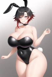 1girls ai_generated black_hair black_leotard breasts bunny_ears bunny_tail choker fake_animal_ears fake_tail grey_eyes highleg highleg_leotard large_breasts leotard looking_at_viewer playboy_bunny ruby_rose rwby short_hair transformationwitch