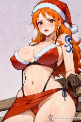 1girls ai_generated azanx8 bare_arms bare_legs bare_shoulders bare_thighs big_breasts blush christmas christmas_hat christmas_outfit clothed clothing color female female_focus female_only hi_res jewelry large_breasts light-skinned_female light_skin long_hair nami nami_(one_piece) nipples_visible_through_clothing one_piece orange_eyes orange_hair post-timeskip shounen_jump solo solo_female sweat tagme tattoo thick_thighs