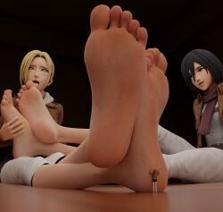 3d annie_leonhardt armin_arlert attack_on_titan female foot_fetish foot_lick foot_worship giantess larger_female larger_female_smaller_male male mikasa_ackerman mrgtsfloop shingeki_no_kyojin size_difference smaller_male soles