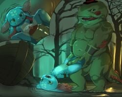 5:4 anthro balls biped blue_body bound duo erection featureless_chest female fizz_(lol) genitals green_body hi_res league_of_legends male marine navel no_breasts penis pussy rape riot_games tahm_kench tahm_kench_(lol) yordle