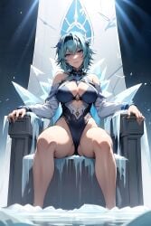 ai_generated blue_hair breasts eula_(genshin_impact) genshin_impact ice short_hair smile stable_diffusion throne