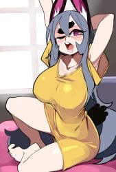 1girls absurd_res armpits bad_anatomy big_breasts blush bongfillstudent bunny_ears bunny_girl bunny_industry_(bongfillstudent) bunny_tail female female_only grey_hair long_hair looking_at_viewer minidress on_bed one_eye_closed purple_eyes purple_inner_ear rabbit_ears sitting sitting_on_bed solo stretching t-shirt tank_bunny_(bongfillstudent) thick_eyebrows upskirt yawn yawning yellow_dress