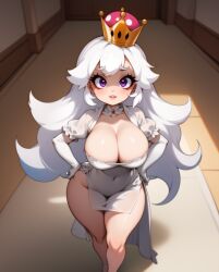 1girls ai_generated boosette breasts cleavage clothed clothing curvy cute dress eyebrows_visible_through_hair female female_only gloves hourglass_figure indoors looking_at_viewer mario_(series) navel_visible_through_clothes new_super_mario_bros._u_deluxe nintendo purple_eyes rocksolidart solo solo_female standing sticking_out_tongue thick_thighs tongue tongue_out very_long_hair white_dress white_gloves white_hair wide_hips