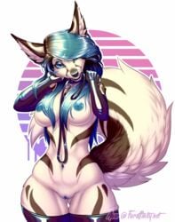 ahar anthro blue_body blue_eyes blue_skin breasts canid canine collar female fennec fox furry genitals glistening glistening_body glistening_hair glistening_skin gloves handwear highres leash mammal nipples pussy rubber smile smiling_at_viewer solo thighhighs