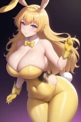 1girls ai_generated blonde_hair bodysuit bowtie breasts bunny_ears bunny_tail detached_collar fake_animal_ears fake_tail gloves large_breasts long_hair looking_at_viewer playboy_bunny purple_eyes rwby transformationwitch wrist_cuffs yang_xiao_long yellow_bodysuit