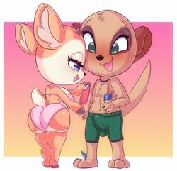 :3 aggressive_retsuko anthro ass big_butt bikini boner breasts cervid chief_komiya clothed clothing duo faeriebottle female food male mammal mustela mustelid musteline nipple_outline popsicle sanrio smooth_fur swimwear teasing tenting true_musteline tsunoda