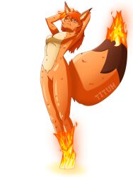 ears_up female fire fluffy_tail foxparks fur furry humanoid medium_breasts medium_hair orange_eyes orange_fur pal_(species) palworld stretching tail