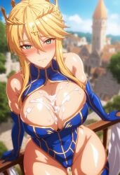 ai_generated artoria_pendragon artoria_pendragon_(lancer) cum elbow_gloves embarrassed leotard opera_gloves stockings theobrobine thighhighs