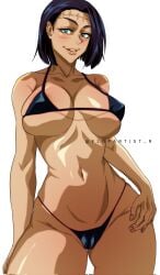 1girls bikini black_hair blue_eyes female flopartist_r genderswap_(mtf) itadori_kaori jujutsu_kaisen kenjaku scar smile tagme