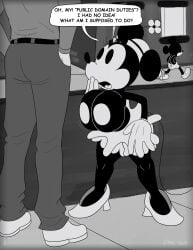 anthro big_breasts bra casual clothing comic comic_page creepypasta dialogue disney female high_heels imminent_sex meme mickey_mouse mickey_mouse_shorts minnie_mouse monochrome mouse noxshade public public_domain steamboat_willie straight suicide_mouse suicidemouse.avi tagme text white_gloves