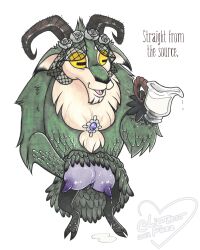 2022 caprine cloven_hooves cream_fur crotchboobs dated dont_starve english_text feral feral_only funnel-shaped_teats goat goat_horns green_body green_fur holding_udders hooves horizontal_pupils horns klei_entertainment lactation littlestfuzz milk mumsy nipples open_mouth semi-anthro signature simple_background tongue udders yellow_eyes