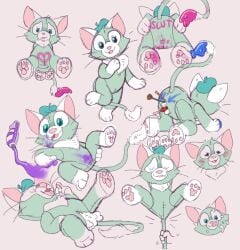 animate_inanimate bitelava domestic_cat felid feline felis female fur green_body green_fur hi_res living_plushie mammal plushie plushophilia pussy semi-anthro sketch_page smile white_body white_fur writing_on_butt