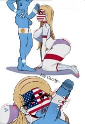 argentina_(countryhumans) ball_sucking ball_worship countryhumans countryhumans_girl fellatio femsub handjob heart-shaped_pupils kiss_mark_on_balls love united_states_of_america_(countryhumans) worship