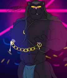 abs ass balls biting_lip giovannibardawulf giovannidrawing hood hood_up jonathan_(giovannibardawulf) leather_straps male male_only muscles muscular muscular_arms neon_lights night_club panther pecs pectoral_cleavage pectorals pink_light purple_fur purple_hair purple_light stripper thong yellow_eyes