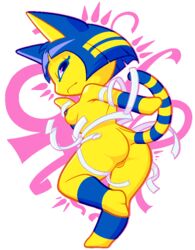 2020 alpha_channel animal_crossing ankha anthro ass blue_hair breasts domestic_cat felid feline felis female female_only fur furry furry_only genitals hair looking_back looking_up mammal naked nintendo nipples nude on_one_leg pussy simple_background solo solo_female standing tail thanu transparent_background video_games yellow-body