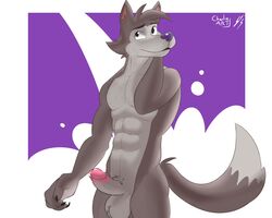 5:4 abs anthro balls bodily_fluids canid canine canis charlieleobo chip_the_wolf cookie_crisp digital_media_(artwork) erection fingers fur genital_fluids genitals hair hi_res humanoid_genitalia humanoid_penis male male_only mammal mascot muscular muscular_anthro muscular_male nude penis precum simple_background smile solo wolf