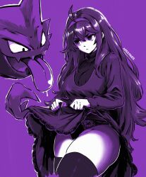 alternate_breast_size clothes_lift creatures_(company) dress dress_lift female game_freak gen_1_pokemon haunter hex_maniac highres horny missfaves monochrome nintendo panties pokemon pokemon_(species) pokemon_xy purple_theme thick_thighs thighhighs thighs underwear