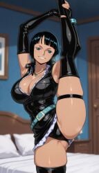 ai_generated arms_up bed bedroom belt black_dress black_gloves black_hair black_panties blue_eyes blunt_bangs blurry blurry_background boots breasts cleavage dress elbow_gloves female female_only fingerless_gloves flexible gloves grin hd indoors jewelry kneepits large_breasts latex leg_lift leg_up looking_at_viewer medium_hair meitabuu microdress necklace nico_robin one_piece panties partially_unzipped pillow short_dress skindentation sleeveless sleeveless_dress smile solo split standing standing_on_one_leg standing_split thigh_strap thighhighs thighs underwear zipper