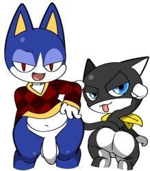 animal_crossing anthro ass atlus balls big_butt blue_eyes bottomless clothed clothing crossover domestic_cat duo felid feline felis flaccid genitals gloves_(marking) half-closed_eyes kerchief looking_at_viewer looking_back male male_only mammal markings megami_tensei megami_tensei_persona morgana_(persona) multicolored_body narrowed_eyes neckerchief nintendo open_mouth penis red_eyes rover_(animal_crossing) sega thick_thighs topwear two_tone_body vest vilepluff