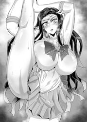 1girls aged_up alternate_breast_size alternate_costume bishoujo_senshi_sailor_moon black_and_white breasts clothing cosplay demon_slayer favorite female female_only impossible_clothes jet_puri kamado_nezuko kimetsu_no_yaiba large_breasts leg_up looking_at_viewer monochrome nipples panties pantyshot pose revealing_clothes sailor_senshi_uniform skirt solo solo_female underwear