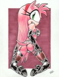 amy_rose ass bhawk bra colored elbow_gloves female furry hairband kneeling long_hair looking_back sonic_(series) thigh_boots thong traditional_media_(artwork)