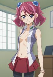 ai_generated bangs bedroom blue_eyes blush breasts exposed_breasts female hiiragi_yuzu navel pantyhose pink_hair school_uniform skirt small_breasts smile solo stomach twilightsun twintails unbuttoned_shirt yu-gi-oh! yu-gi-oh!_arc-v zuzu_boyle