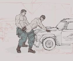 2boys against_car alternate_universe anal anal_sex beanie coveralls fingerless_gloves gay gay_sex glaz_(rainbow_six) kapkan_(rainbow_six) kapkantops leaning_on_object male_only muscular muscular_male pants_down rainbow_six rainbow_six_siege workshop yaoi