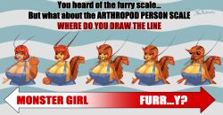 1girls antennae english_text female furry_scale huge_breasts kalmoire lobster_girl monster_girl overalls solo standing