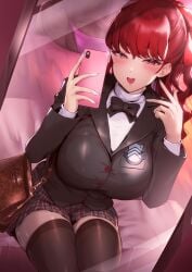 1boy 1girls 2d big_breasts bikkii breasts color dark-skinned_male fat_man fully_clothed holding_phone illustration imminent_sex kasumi_yoshizawa legwear mirror mirror_selfie persona persona_5 persona_5_royal red_eyes red_hair school_uniform selfie student sumire_yoshizawa tagme thick_thighs thighs