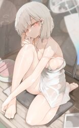 bare_legs bare_thighs barefoot bob_cut breast_squeeze breast_squish breasts feet genek kneeling petite petite_body petite_female see-through see-through_clothing sideboob sitting sitting_down sitting_on_floor teenager underwear white_hair