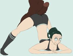 1boy 1girls ass_up booty_shorts clothed_female dark-skinned_male dark_skin faceless_male imminent_sex interracial jack-o_pose jackochallenge light-skinned_female long_socks my_hero_academia nervous nude_male penis_on_ass shocked shorts sports_bra terosabu tied_hair tsuyu_asui wide_eyed you_gonna_get_raped