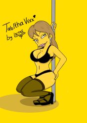 1girls artist_request big bikini black_bra black_legwear black_panties breasts front_view heels l3ct4e looking_at_viewer pole_dancing smile smiling stripper_pole suggestive_gesture suggestive_pose tabitha_vixx tagme the_simpsons