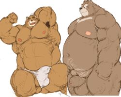 2021 anthro armpit_hair asian_clothing balls belly blush body_hair brown_body brown_fur clothed clothing duo east_asian_clothing edit erection erection_under_clothing flaccid fundoshi fur genitals humanoid_genitalia humanoid_penis japanese_clothing kemono kotobuki male male_only mammal moobs nipples one_eye_closed overweight overweight_male penis uncensored underwear ursid white_clothing white_fundoshi white_underwear wink