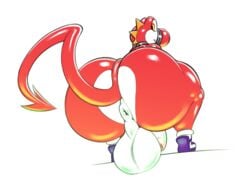 anthro anus ass balls big_balls big_butt dinosaur fan_character genitals huge_butt imp looking_back male male_only mario_(series) nintendo nude penis red_yoshi reptile scalie simple_background solo trashdrawy video_games white_background yoshi