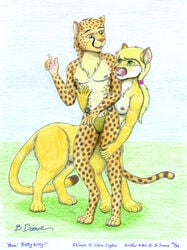 1990s 1999 20th_century animal_genitalia anthro bernard_doove blonde_hair breasts ch'marr chakat_(species) cheetah clothed clothing cougar duo felid_taur feline fully_sheathed futanari genitals goldfur green_eyes hair inner_ear_fluff intersex licking licking_lips male mammal mammal_taur nipples nude pink_nose sheath taur tongue tongue_out topless