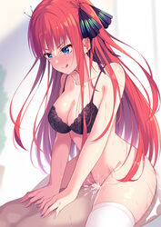 1boy 1boy1girl 1girls :q alternate_hair_color assertive_female bangs bare_shoulders black_bra black_hair blue_eyes blunt_bangs blush bottomless bra breasts butterfly_hair_ornament cleavage collarbone commentary cowgirl_position cum cum_in_pussy eyelashes female go-toubun_no_hanayome hair_ornament hair_ribbon highres kagami_(galgamesion) large_breasts licking_lips long_hair nail_polish nakano_nino red_hair revision ribbon sex straddling straight sweat thighhighs tongue tongue_out two_side_up underwear vaginal_penetration white_legwear