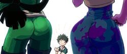 1boy 2girls ass ass_focus big_ass bubble_butt butt_crack_outline clothed clothing favorite from_behind hero_outfit_(mha) izuku_midoriya mina_ashido mrplow34 my_hero_academia tight_clothing tsuyu_asui