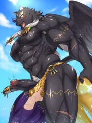 3:4 aaassstaro abs anthro armpit_hair ass ball_bulge ball_fondling balls_outline balls_under_clothes beach black_body black_fur body_hair bulge clothing detailed_bulge disembodied_hand duo edit erection felid fur genital_outline genitals grabbing_balls hi_res human male male/male mammal muscular muscular_anthro muscular_male nipples outside pantherine pecs penis seaside shocked speedo swimwear tezcatlipoca tokyo_afterschool_summoners uncensored video_games wings