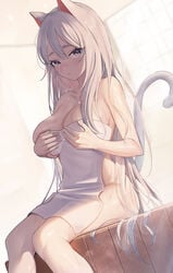 animal_ears bangs blush breasts cat_ears cat_girl cat_tail cleavage closed_mouth covering covering_breasts dutch_angle female hair_between_eyes highres large_breasts long_hair looking_at_viewer nude_cover original purple_eyes sitting solo tail towel very_long_hair wet wet_hair white_hair yumaomi