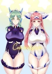 2girls alternate_costume ass_visible_through_thighs bangs bare_thighs commission cosplay crueltear crueltear_(cosplay) exelica exelica_(cosplay) female_only fire_emblem fire_emblem:_three_houses green_eyes green_hair hilda_valentine_goneril large_breasts long_hair looking_at_viewer nintendo panties partially_visible_vulva pink_eyes pink_hair purple_panties rhea_(fire_emblem) smile thick_thighs trigger_heart_exelica twintails waihihi white_panties